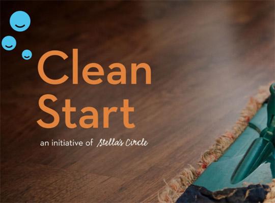 a clean start poster with their logo on a swiffer cleaning a hardwood floor